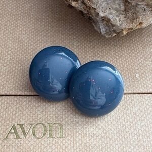 Vintage Avon Navy Blue Dome Earrings w Sparkle Flecks | Bold Pierced Studs 302